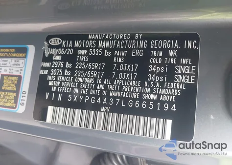 2020 Kia Sorento 2.4L Lx z USA, uszkodzony, nr VIN 5XYPG4A37LG665194